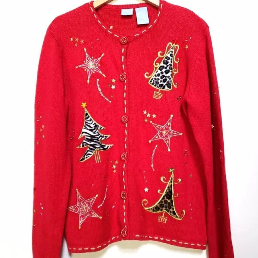 Holiday Editions Ugly Christmas Animal Print Tree Sweater Cardigan Women's Sz M